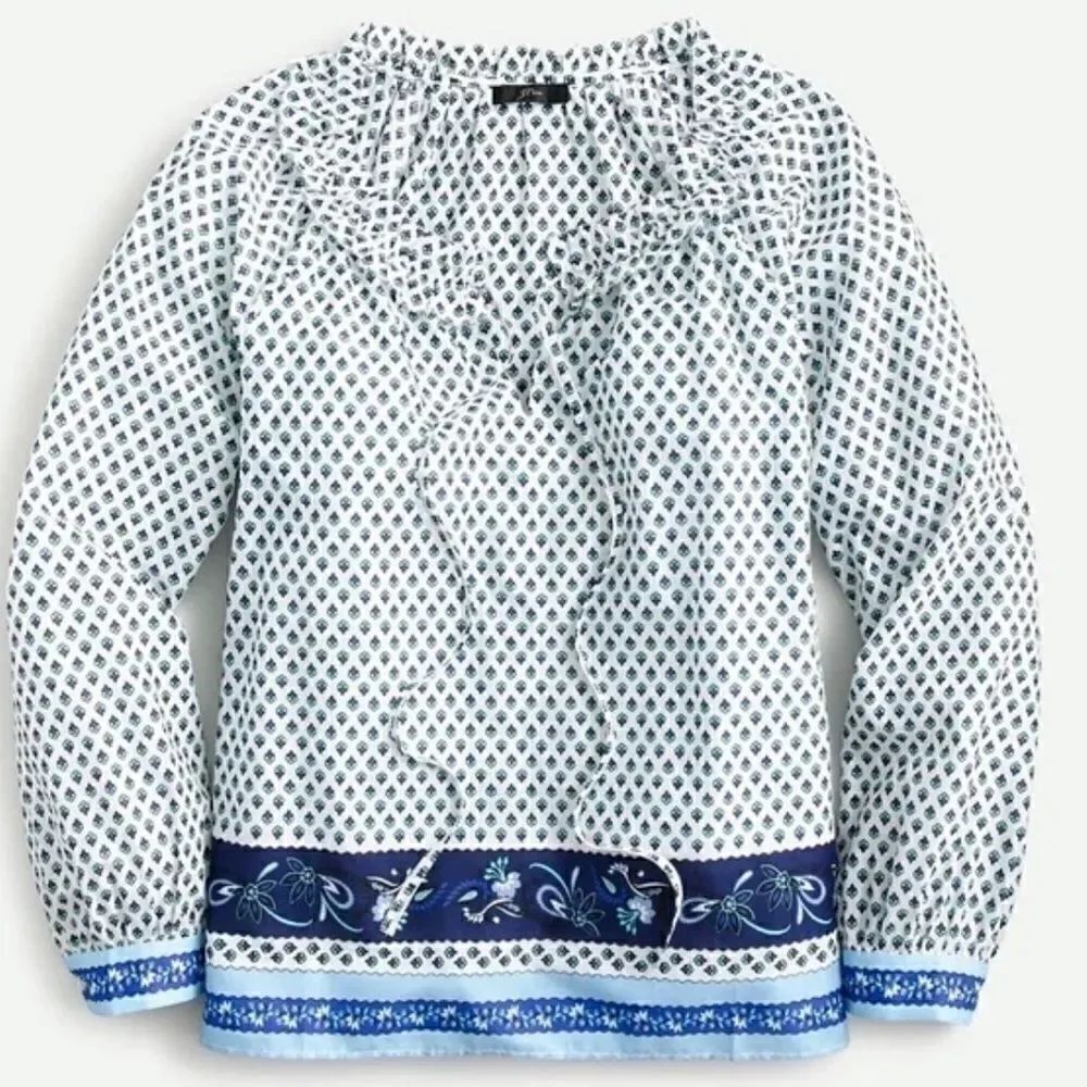 J.CREW white with blue ribbon block print tie-front ruffle top S